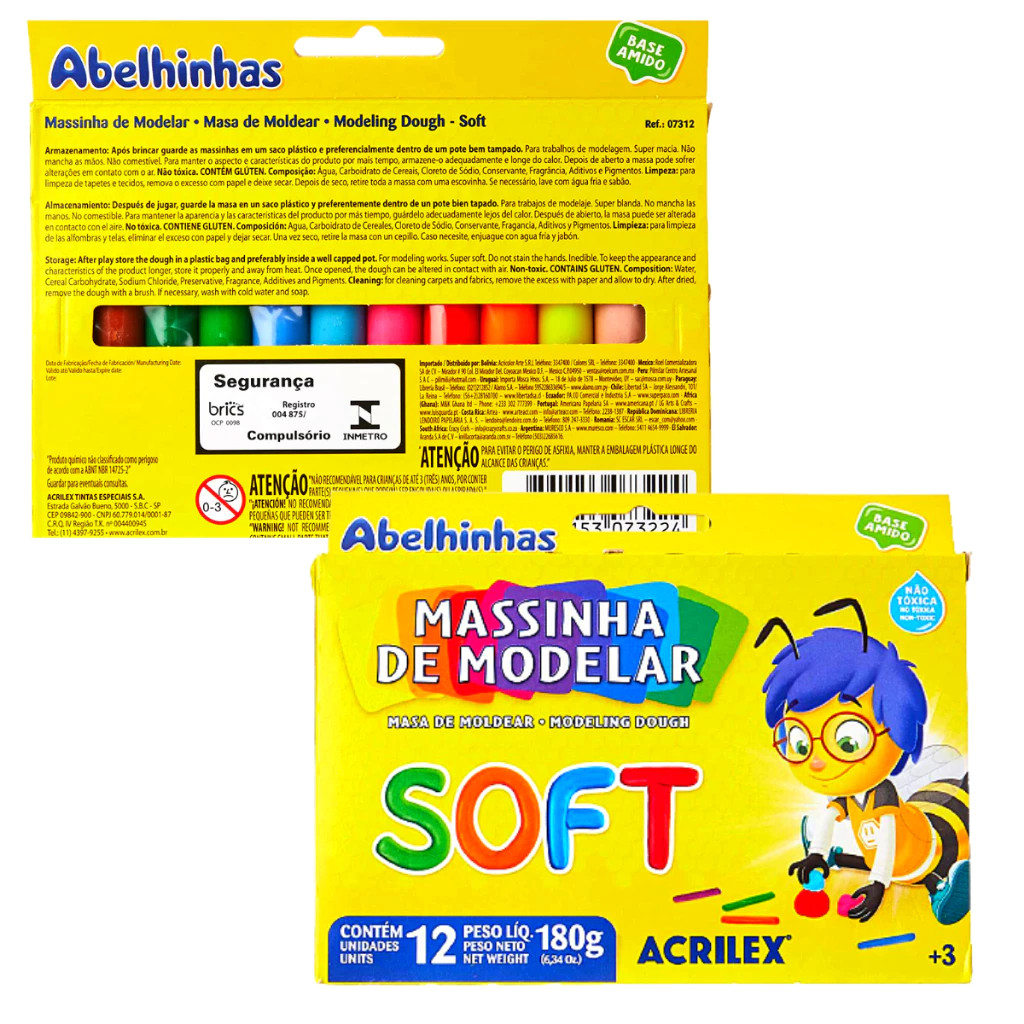 Massinha de Modelar 12 Cores Soft Abelhinhas - ACRILEX