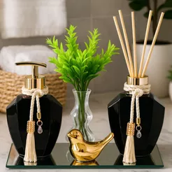 Kit Lavabo Luxo Ágata Preto Bandeja Preta Saboneteira Difusor Decorativo