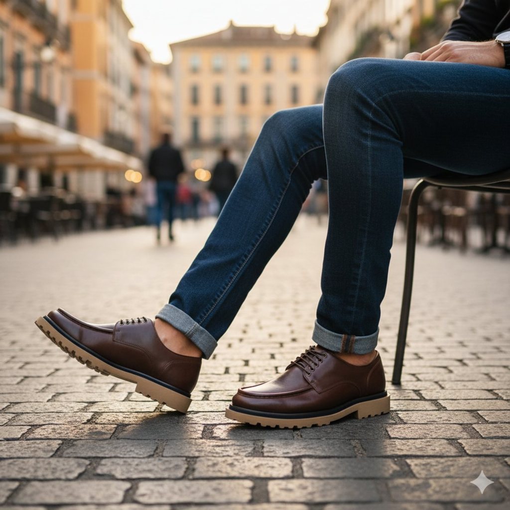 Sapato Casual Masculino Couro Luxo Derby Estilo Tratorado