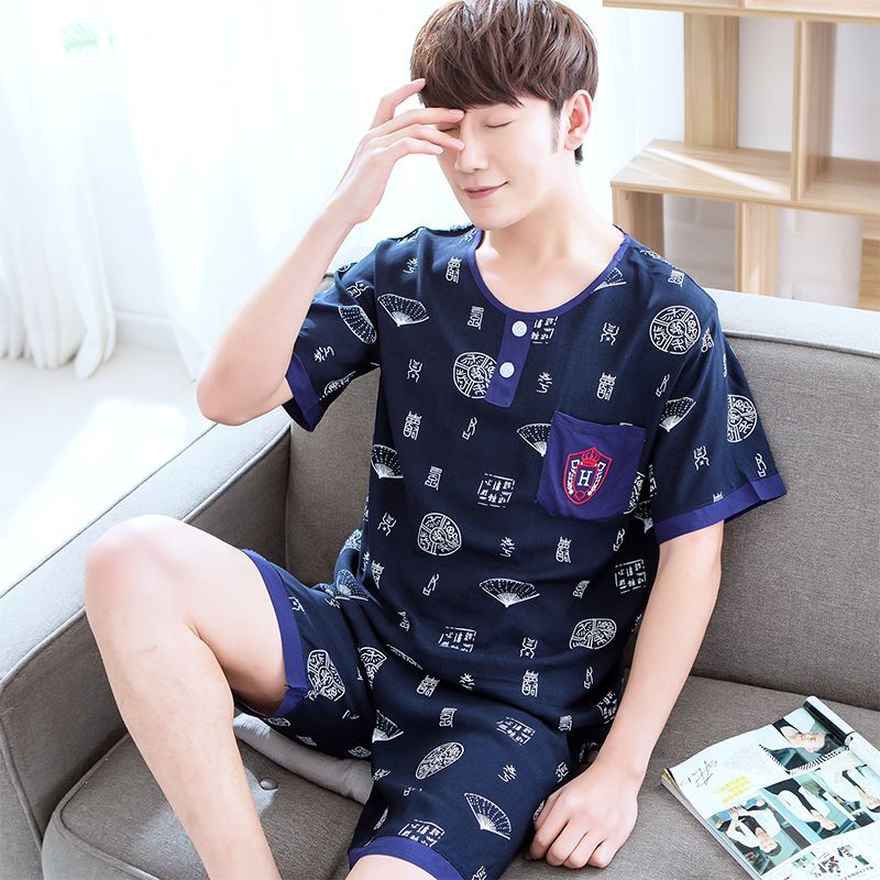 Pijamas verão algodão seda Shorts de manga curta terno pulôver Casual algodão Artificial fino algodão seda masculino Hom