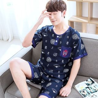 Pijamas verão algodão seda Shorts de manga curta terno pulôver Casual algodão Artificial fino algodão seda masculino Hom