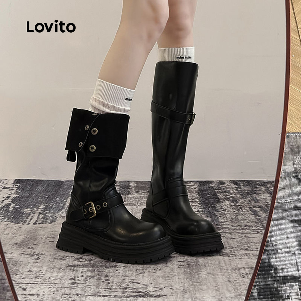 Detalhes do Lovito Botas Casuais com Plataforma Sapatos Retrô para Todas As Estações Botas Pretas para mulheres LFA86075