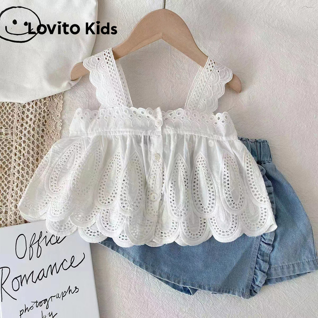 Lovito Kids Conjuntos de Shorts Fofos com Bordado de Ilhós e Bloco de Cores para primavera/verão LNL115047 em Oferta na Shopee