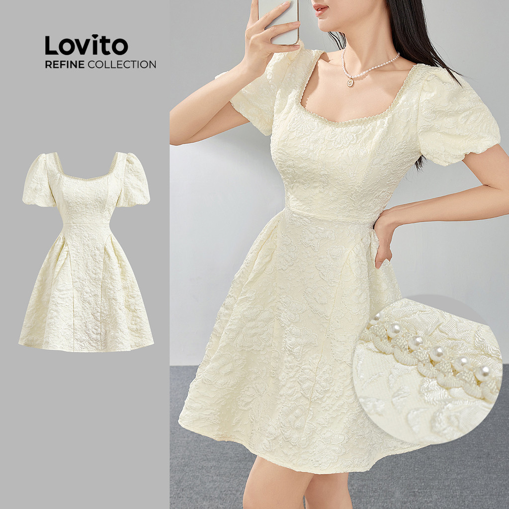 (Lovito Refine) Vestido elegante de pérolas Jacquard liso para mulheres LR4ED043 em Oferta na Shopee