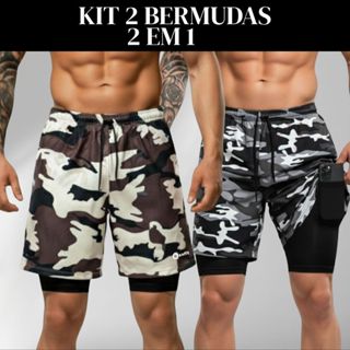KIT 2 Shorts 2 Em 1 Bermuda Camuflada Compressão Masculino Dry Fit Academia Treino em Oferta na Shopee