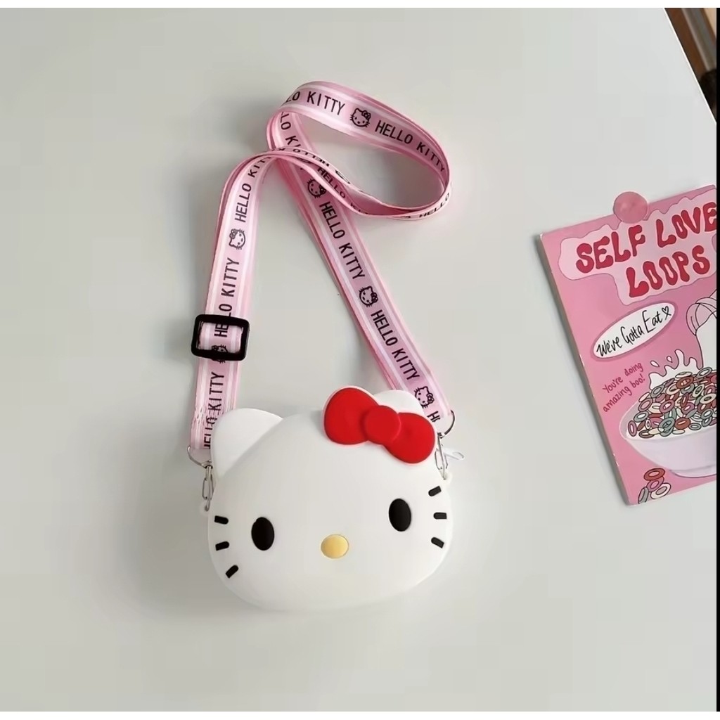 Bolsa de Ombro Mini Bolsinha cabeça rosto Hello Kitty Transversal Regulável silicone Porta Moédas Documentos Acessórios