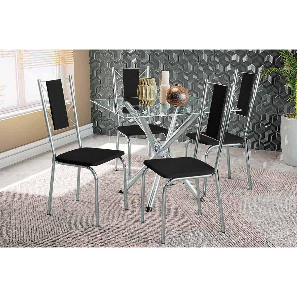 Sala de Jantar Completa Volga c/ Tampo de Vidro 90cm e 4 Cadeiras Lisboa Cromada - Corano Preto - Kappesberg