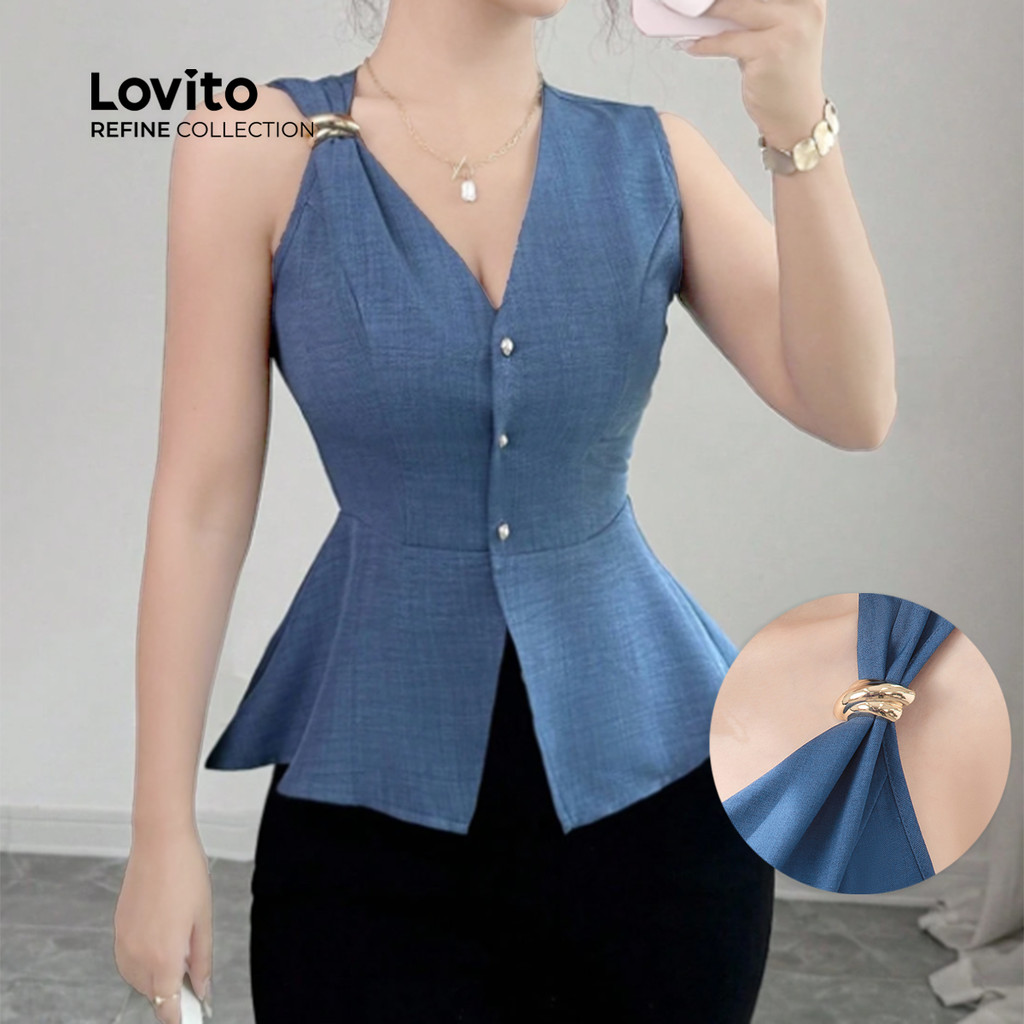 (Lovito Refine) Elegante Top com Botões Frontais Metal Primavera/verão Marrom para mulheres LR23E020 em Oferta na Shopee
