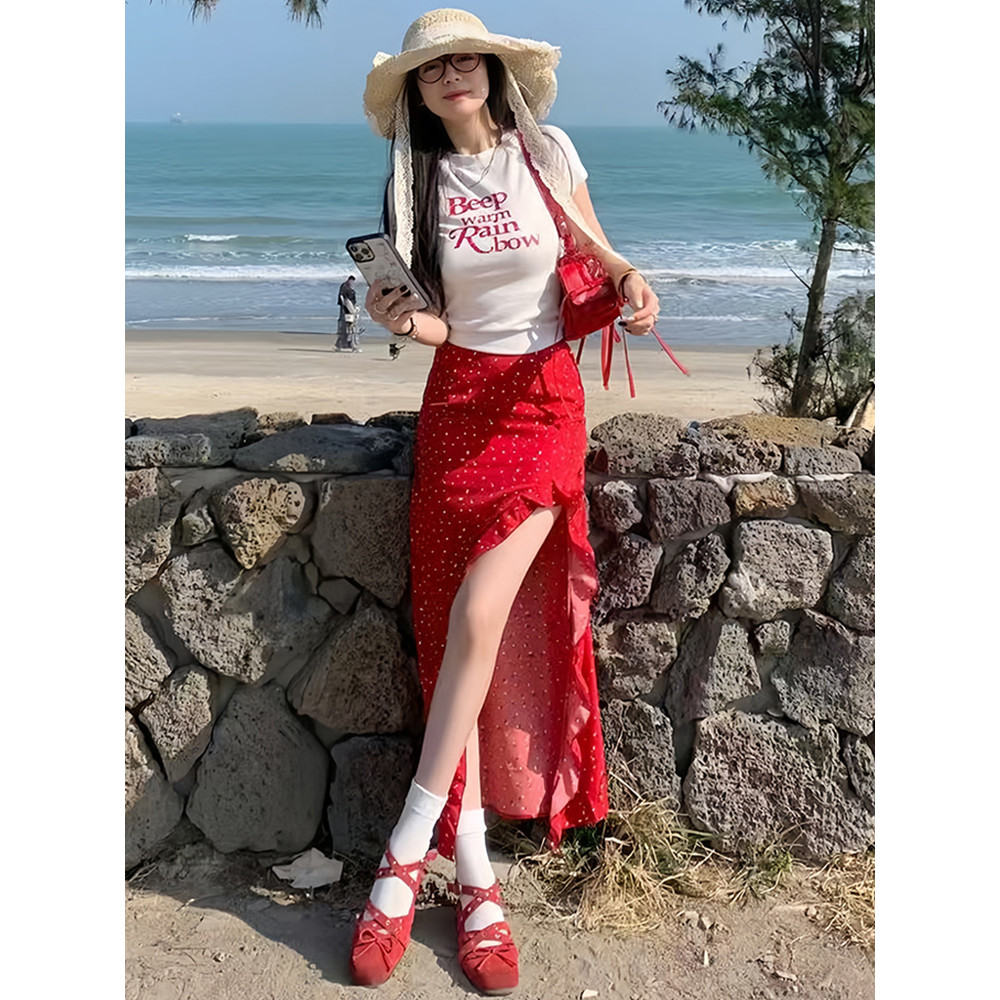 Saia vermelha feminina verão estilo fino 2026 novo estilo quente menina Floral Hip saia estilo férias alta fenda saia lo