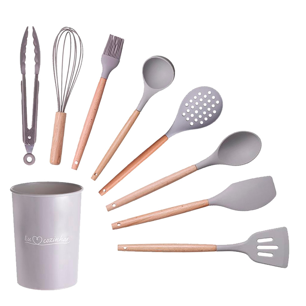 Jogo 9 Peças De Silicone/madeira Utensilios De Cozinha em Oferta na Shopee