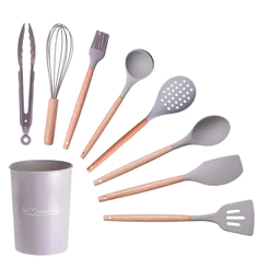 Jogo 9 Peças De Silicone/madeira Utensilios De Cozinha