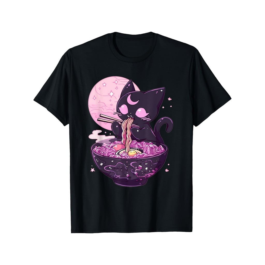 BR Moonlight Camiseta Feminina Gato Preto Lámen Ramen Estrelas Lua Kawaii Confortavel Fofa Divertida Verão