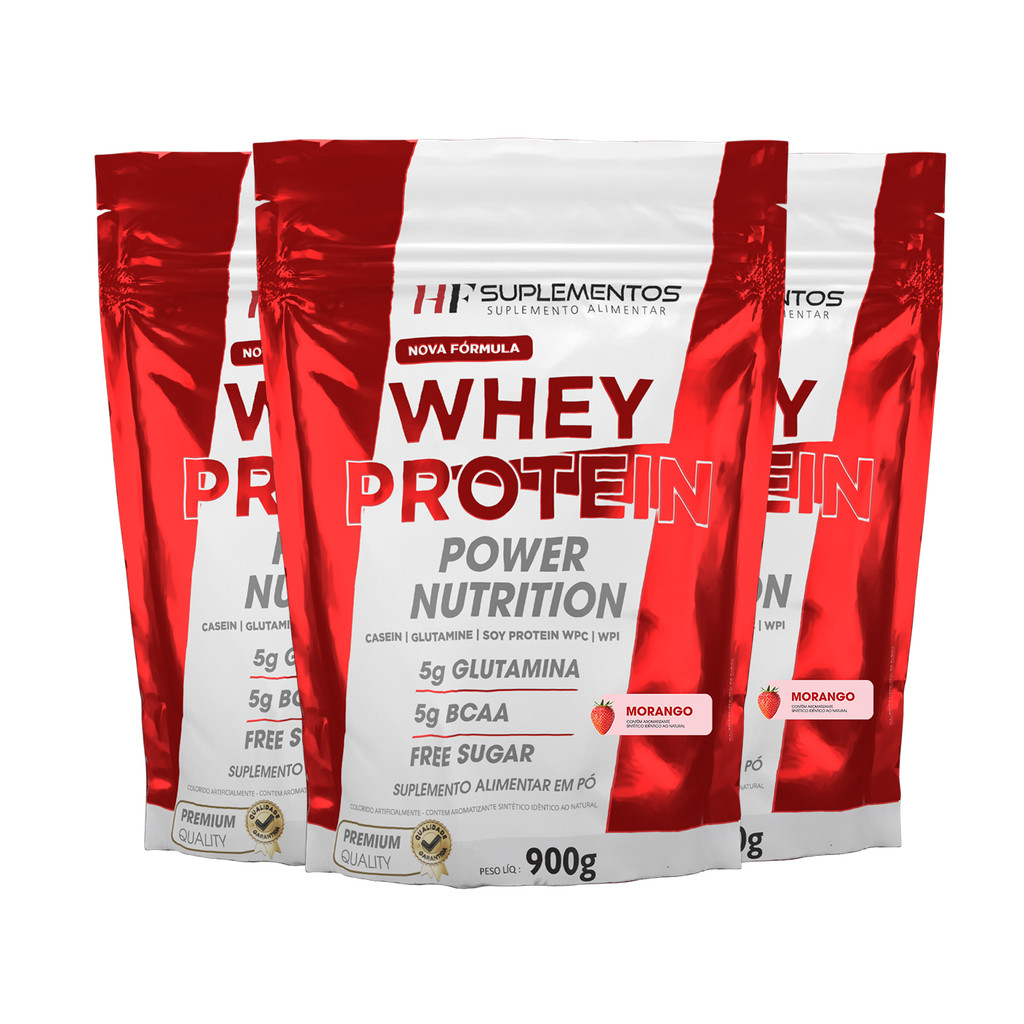 Whey Protein Power Nutrition Refil 900g Morango Kit 3unid HF Suplementos – Massa Magra e Proteína!