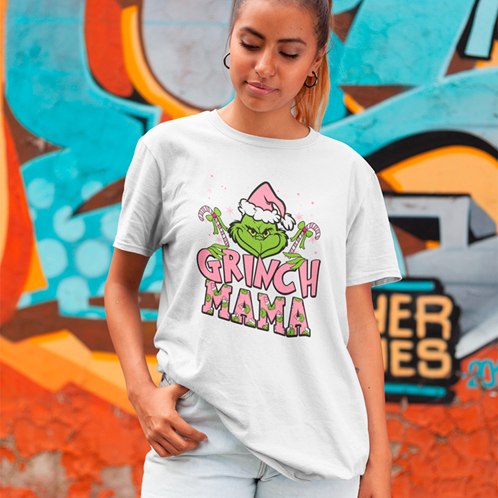 Camiseta Merry Christmas Grinch Mama Camisa Desenho Filme StreetWear Unissex Algodão 30.1 Premium