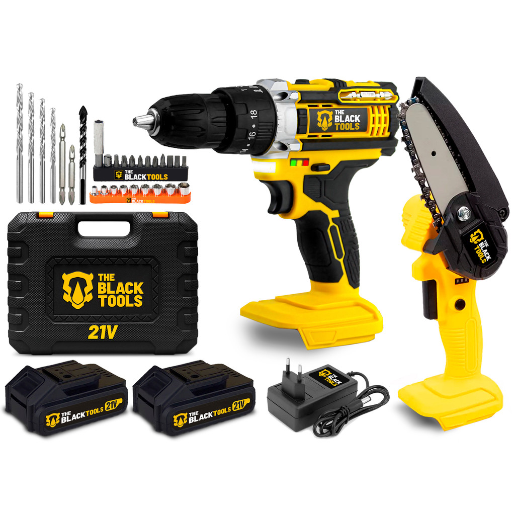 Kit Parafusadeira Furadeira Com Impacto E Mini Motosserra Poda Galho A Bateria 21v em Oferta na Shopee