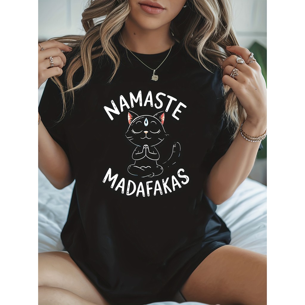 Camiseta Feminina Namaste Madafakas Meditação Om Sânscrito Engraçado Estampa Confortável Divertida Estilosa Moda Casual