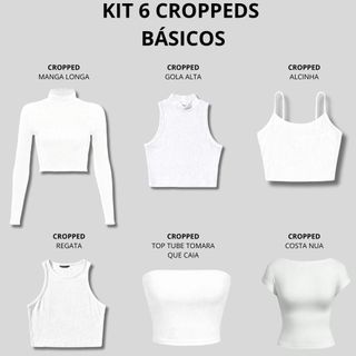 Kit 6 Croppeds Femininos Básicos Variados — Gola Alta, Manga Longa, Alcinha, Regata, Top Tube e Costa Nua