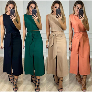 Conjunto colete feminino + saia midi, diferentes métodos de amarração, saia midi com fenda dupla -adequado para o verão. em Oferta na Shopee