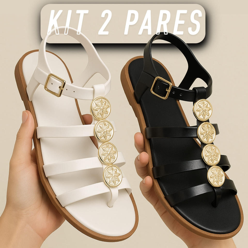 Kit 2 Pares Sandália Papete Feminina Gladiadora Luxo Confortável Moderna Rasteirinha - Caribe