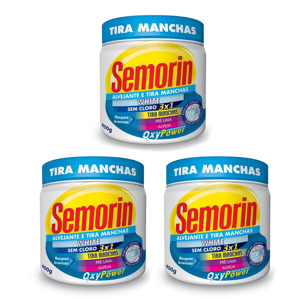 3 Uni Semorin Tira Manchas Pó 400g Percarbonato de Sódio Roupas Brancas Alvejante Oxy Power White