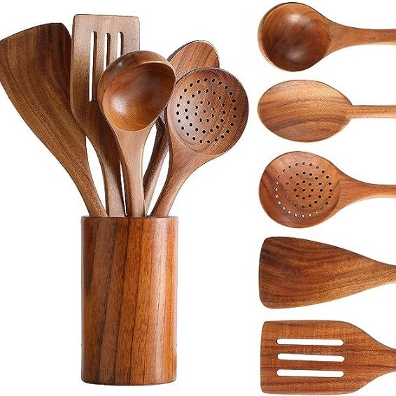 6 Pçs Utensílios De Cozinha De Madeira Concha Espátula Conjunto De Ferramentas Natural ﻿