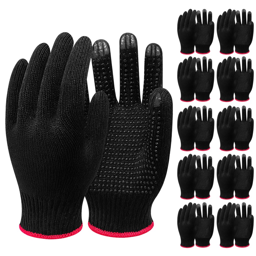 Kit 12 Pares Luva Pigmentada Branca Preta Tricotada Algodão 4 Fios Pedreiro Mecânico Jardinage Obra