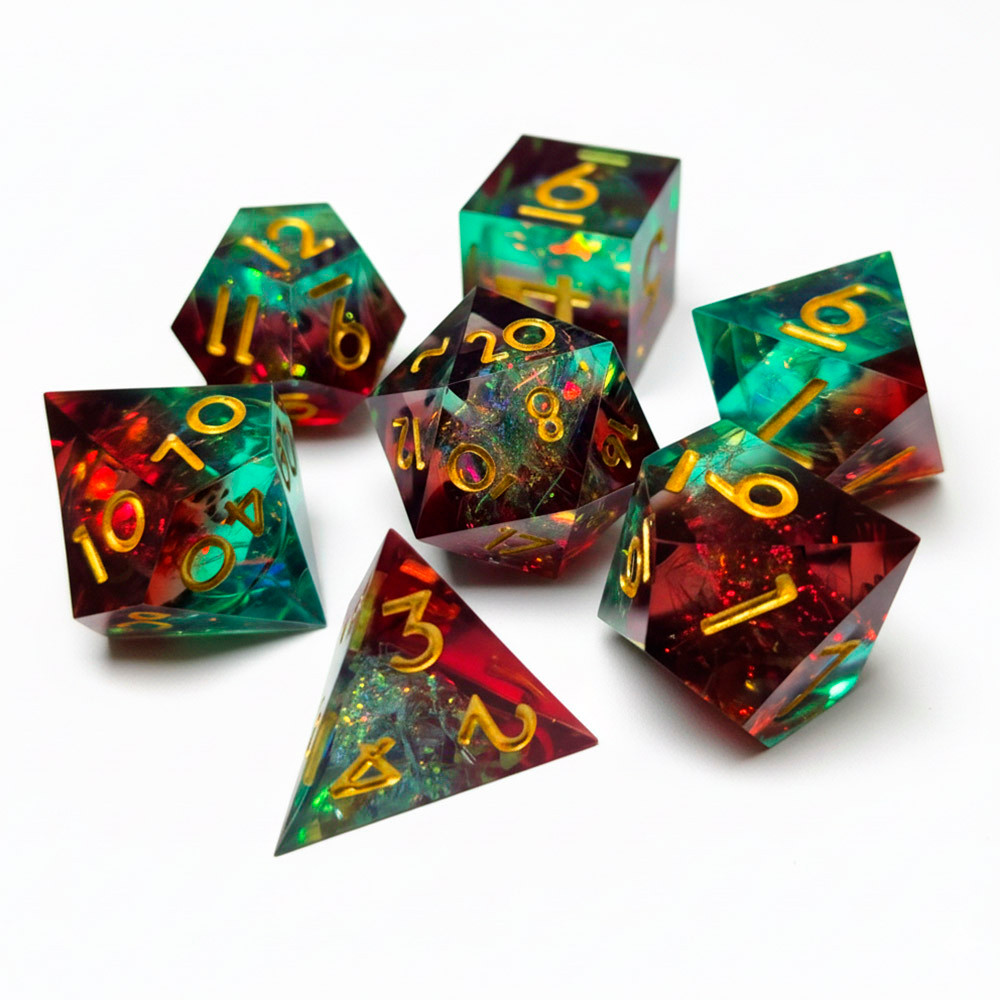 Kit 7 Dados RPG Luxo Verde Turquesa e Vermelho Rubi D&D Dados de Precisão Retos