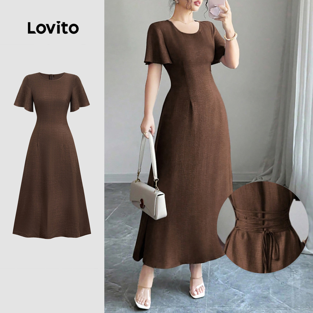 Lovito Vestido Casual de Verão/primavera em Cor de Castanho com Estrutura de Linha cruzada L158AD1688 em Oferta na Shopee