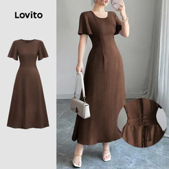 Lovito Elegante Vestido de Verão/primavera em Cor de Castanho com Estrutura de Linha cruzada L158AD1688