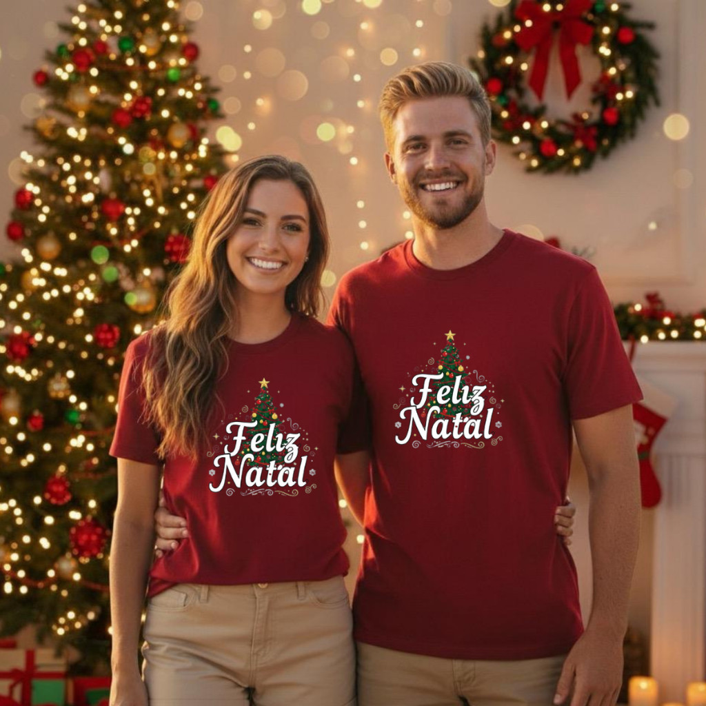 Camiseta Natal 2025 Kit 2 s Estampadas Feliz  Tecido Algodão Premium Envio Imediato