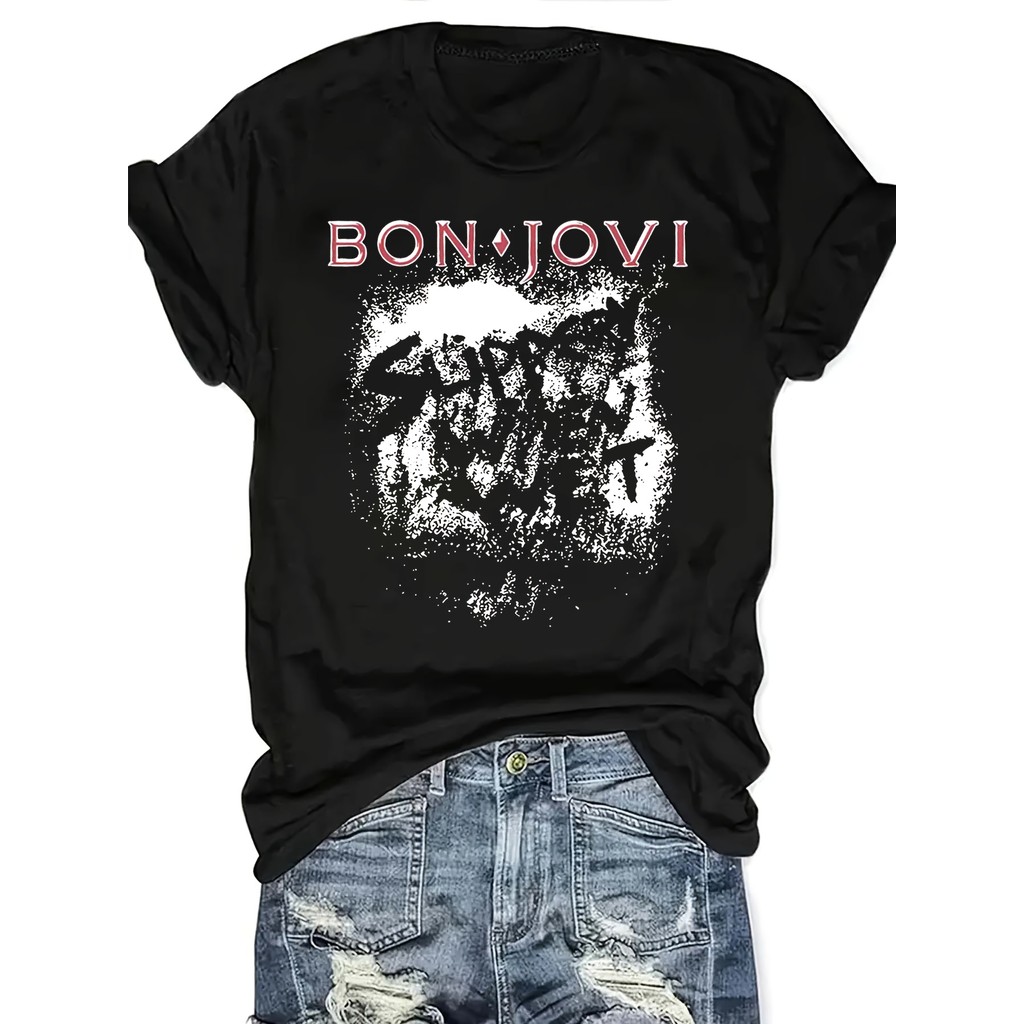 Camiseta Feminina Plus Size Bon Jovi You Give Love a Bad Name Estampa Desgaste Tinta Confortável Estilosa Atemporal