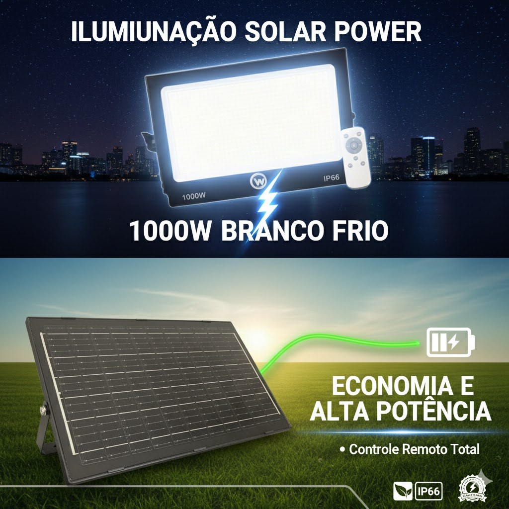 Refletor Solar 1000W A Prova D'Água Branco Frio Placa Solar Carrega Celular TIPO C e USB Luz Potente Externa Fachadas