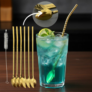 Kit 6 Canudos 2 em 1 Conudo Colher de Inox 22cm Reutilizáveis + Escovinha de Limpeza Drinks em Oferta na Shopee