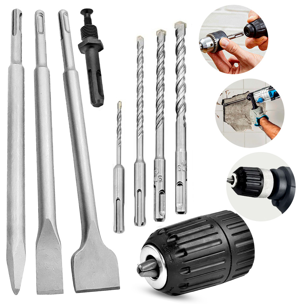 Kit Mandril Aperto Rápido, 04 Brocas, 2 Talhadeira E Ponteiro Para Martelete + Adaptador Sds Plus