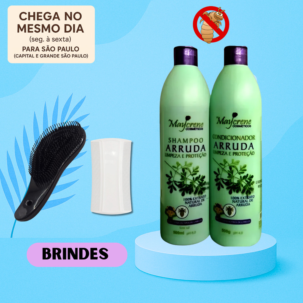 Combo Kit Anti Piolhos Maycrene com Arruda – Shampoo, Condicionador, Escova e Pente Fino Brinde