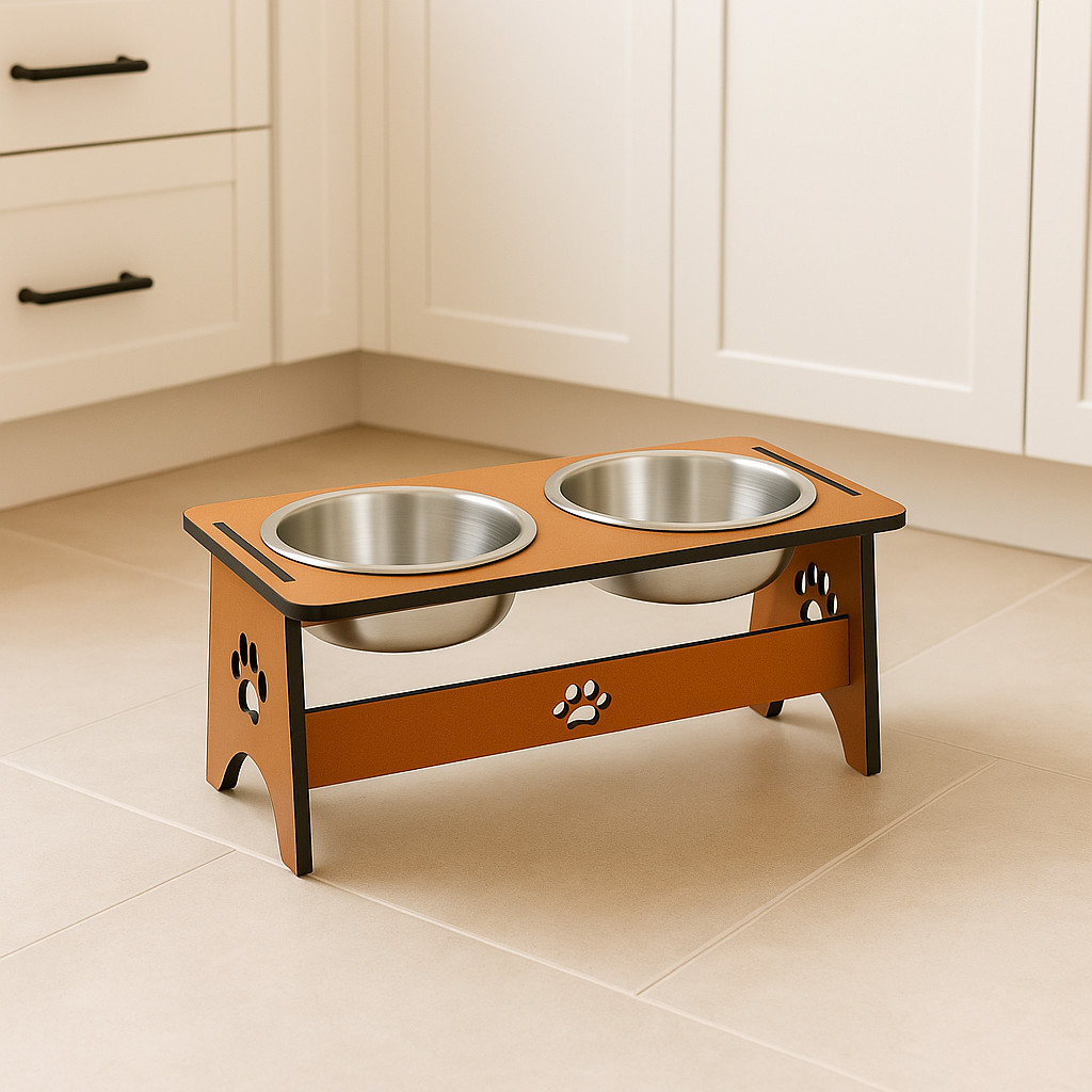 Comedouro Duplo Alumínio Pet Base Mdf Pote Alimentador