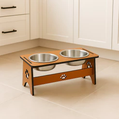 Comedouro Duplo Alumínio Pet Base Mdf Pote Alimentador