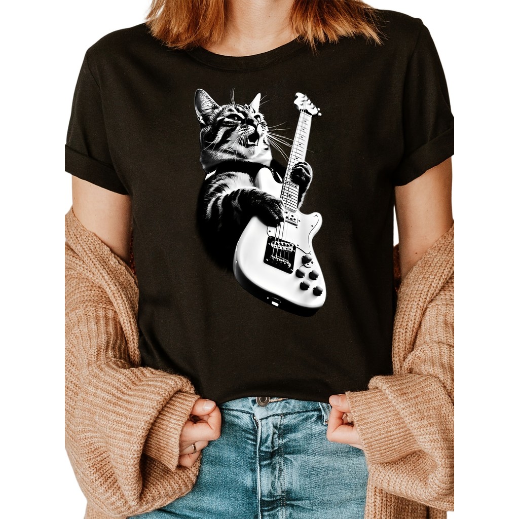 BR Moonlight Camiseta Feminina Rock Gato Guitarra Música Preto Branco Divertida Estilosa Confortável Moderna Moda Casual