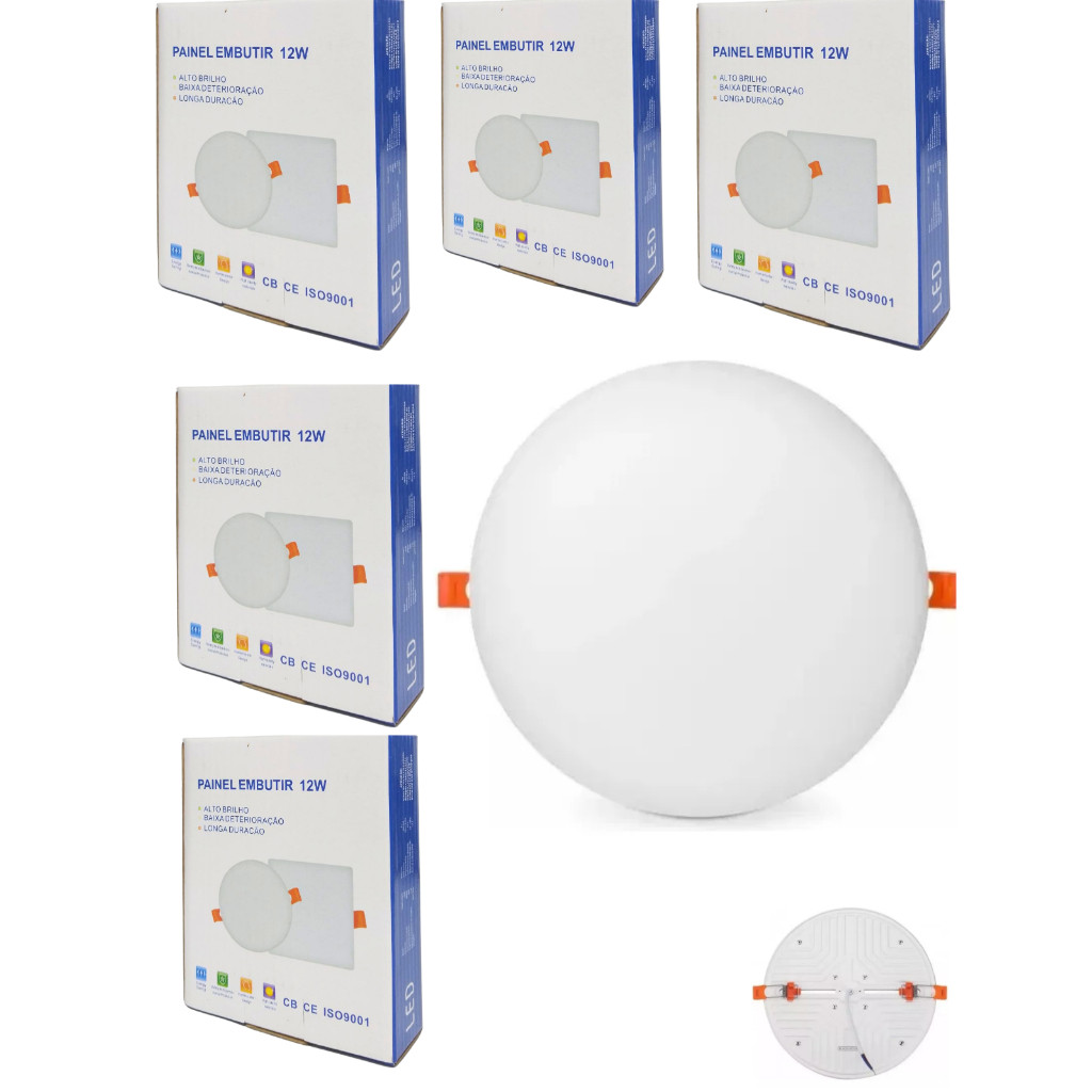 Kit 5 Painel Plafon Led Borda Infinita 12w Embutir Redondo Bivolt Branco Frio 6500k 10cm