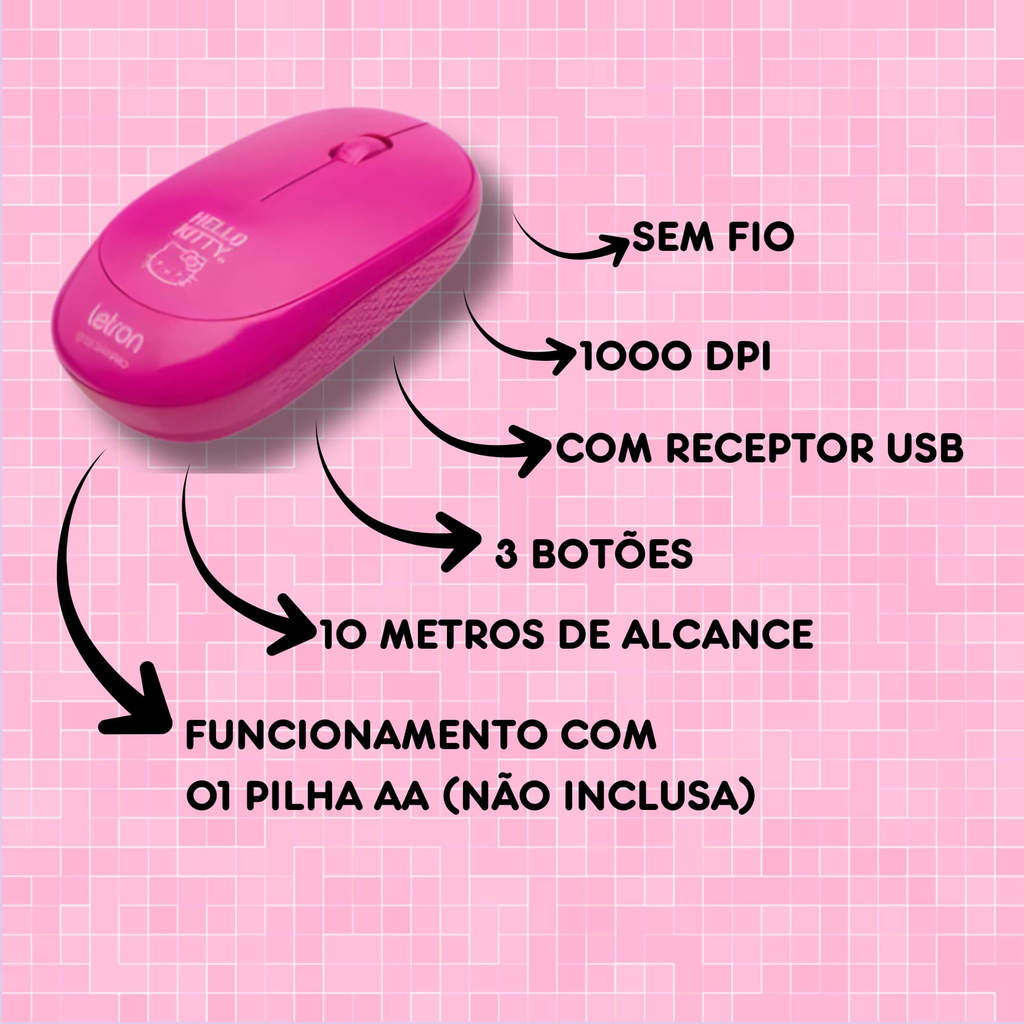 Detalhes do Kit Mouse Sem Fio e Mouse Pad Emborrachado Hello Kitty Letron Leonora - 10510