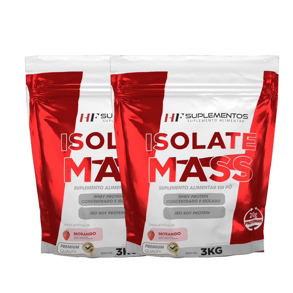 Hipercalórico Isolate Mass Kit 2 unidades Morango 3KG Em Pó HF Suplementos – Massa Magra e Energia Concentrada!