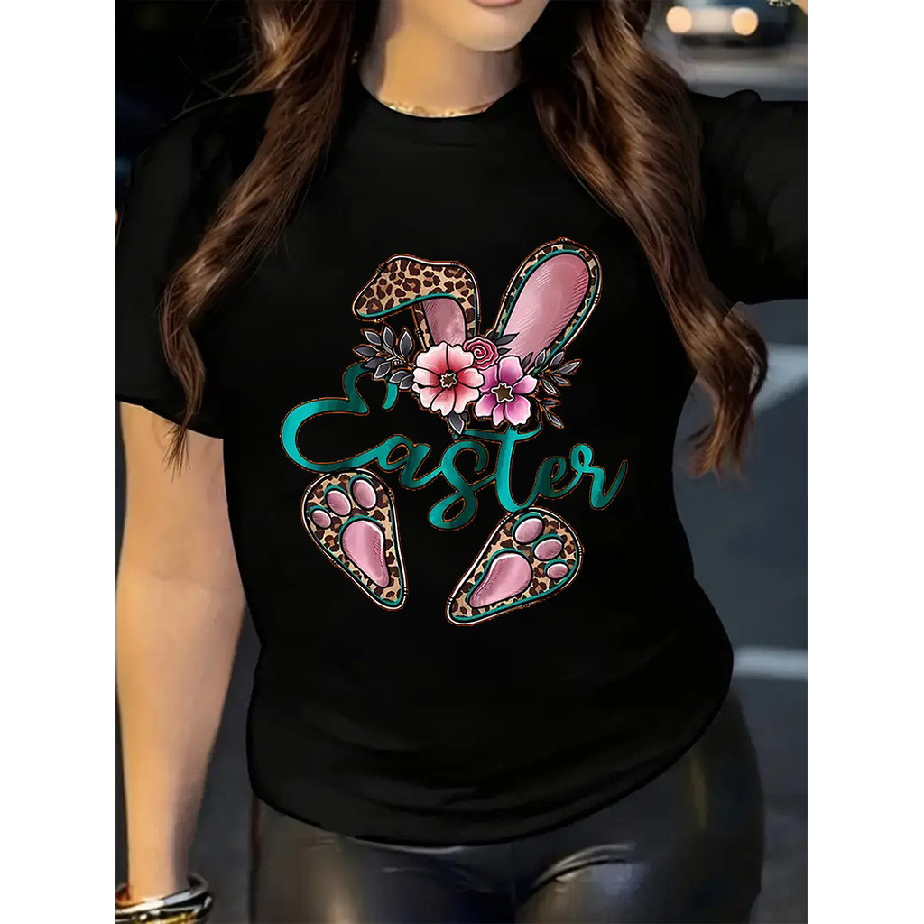 Camiseta Feminina Páscoa Coelho Leopardo Flores Coloridas Estilosa Confortável Divertida Moda Primavera