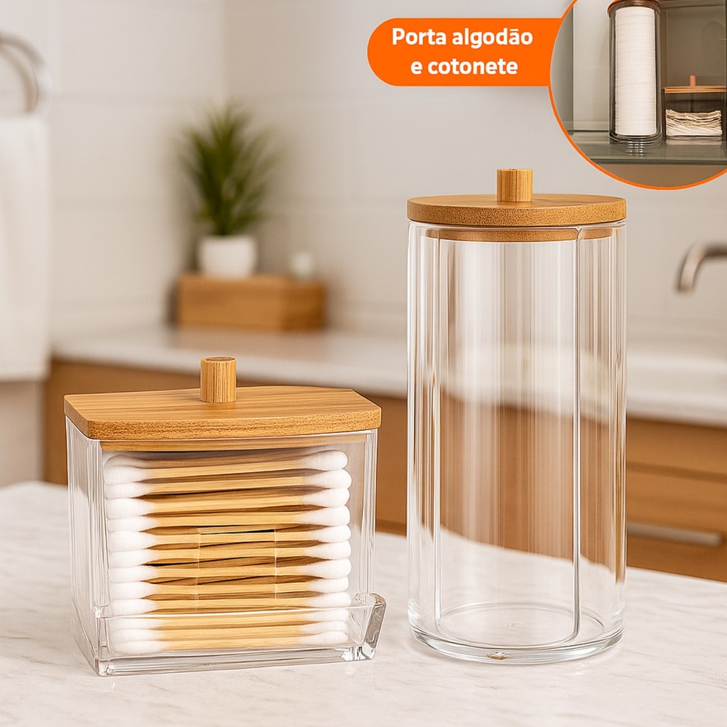 Organizador Algodão E Cotonetes Acrílico Tampa Bambu em Oferta na Shopee