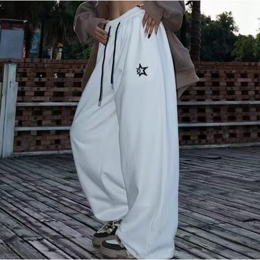 Calça Cargo Moletom Wide Leg Modelo Coreano Feminino Star America Minimalista Algodão Casual