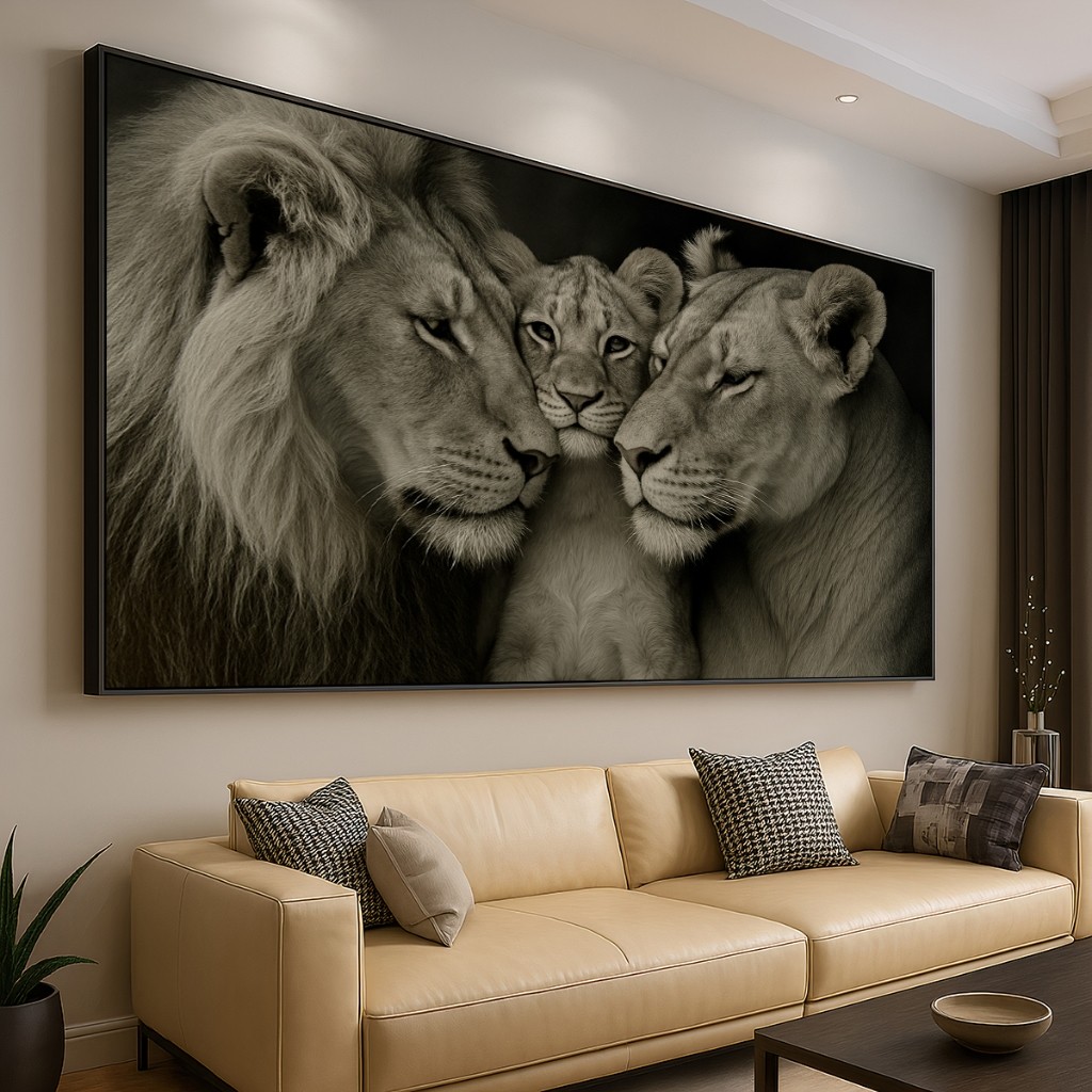 Quadro Decorativo GRANDE Alta Resolução Escritório Quadro Familia Leão Leoa e filhote Preto e Branco em Oferta na Shopee