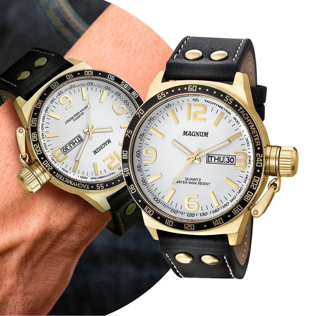 Relógio Masculino Dourado e Branco Pulseira de Couro Caixa de Aço Inoxidável à Prova D' Água Luxo Magnum Original