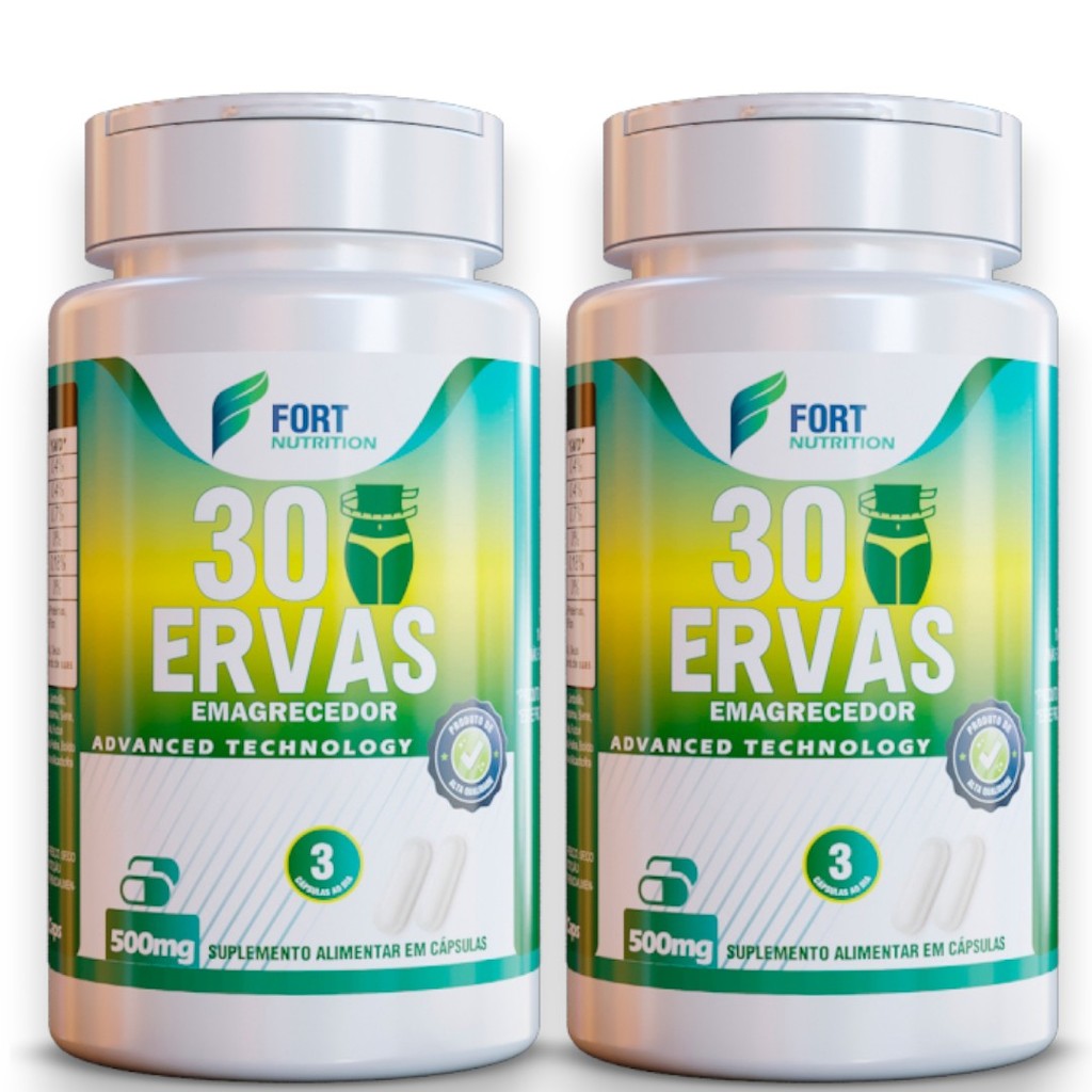 Kit com 2 Potes Suplemento Natural 30 Ervas – Abacateiro, Chá Verde, Carqueja, Chapéu de Couro e Jambolão | 120 Cápsulas