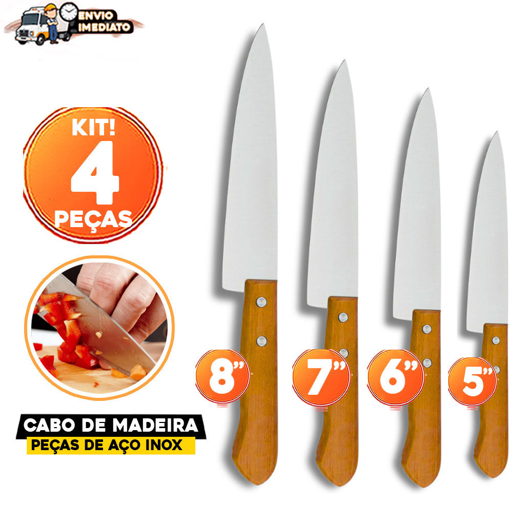 KIT 4 De Facas De Aço Inox Com Cabo De Madeira N°8 Nº7 Nº6 Nº5 Envio Rápido