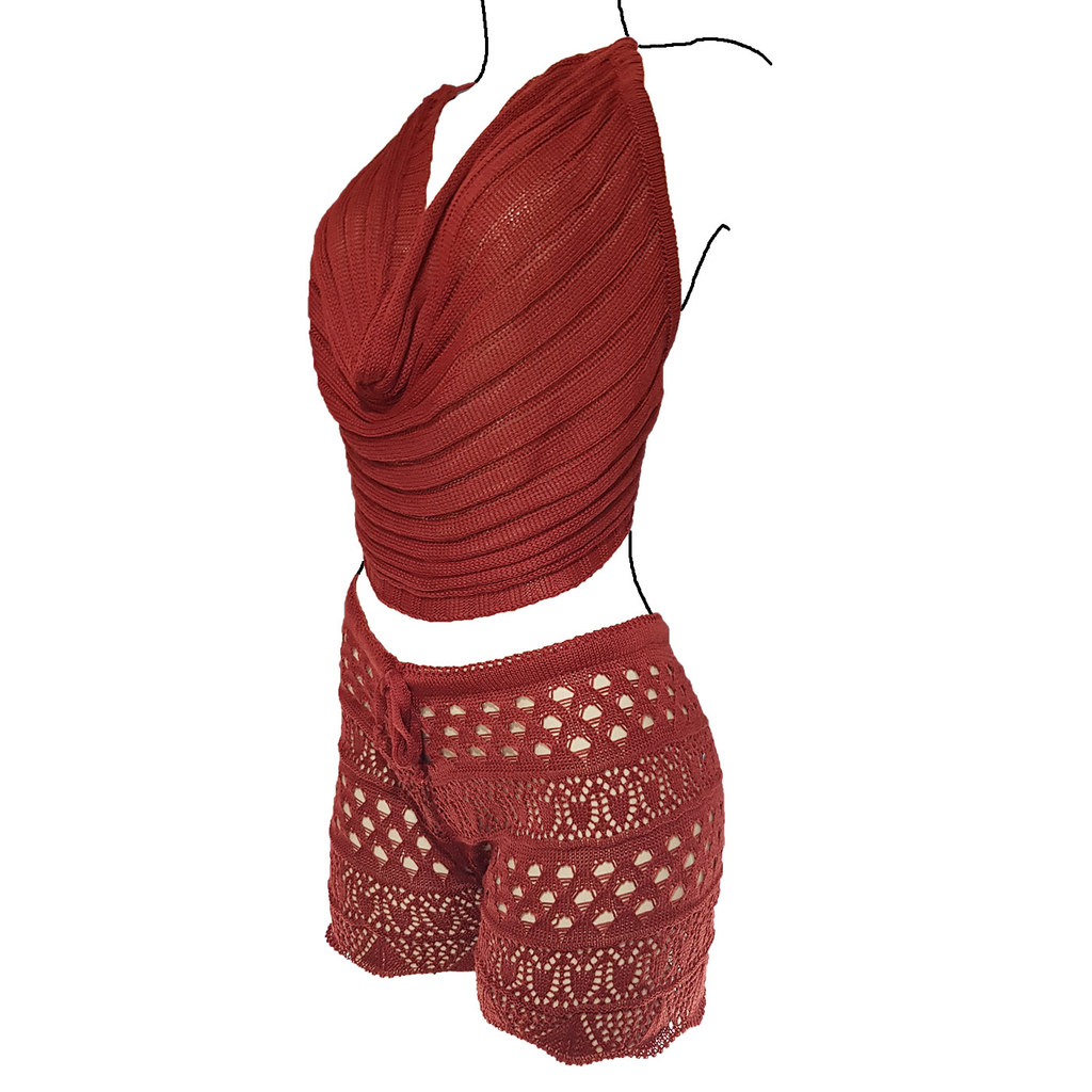 Conjunto Tricot Feminino Saída de Praia - Top Drapeado e Shorts Rendado sem forro - Katlen Tricot