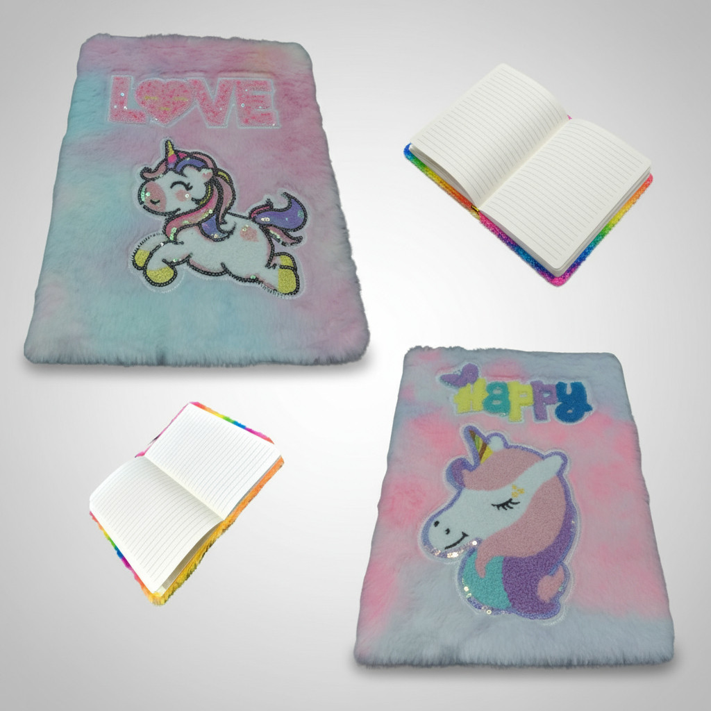 Kit 2 Caderno Pelúcia Unicórnio Brilhante Infantil 80f Capa
